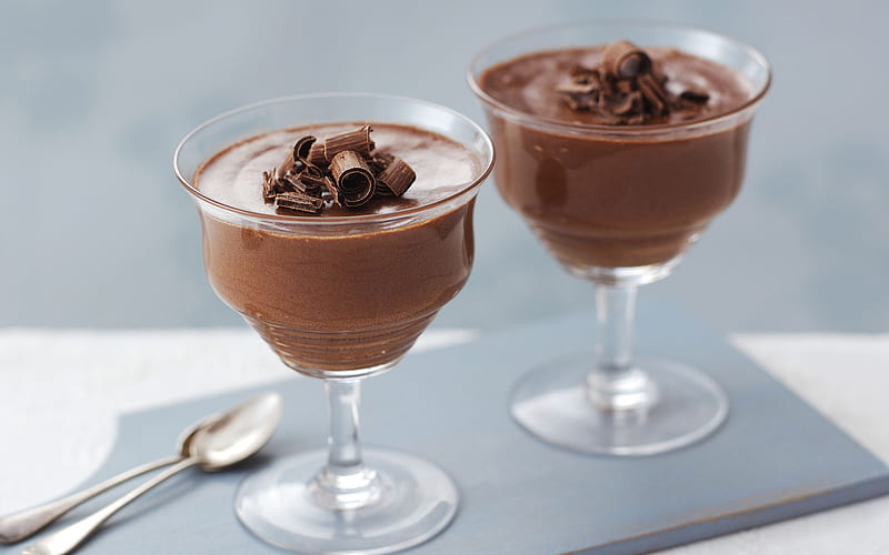 chocolate dessert, chocolate pudding, chocolate, sweets, glasses for desserts, chocolate mousse, HD wallpaper