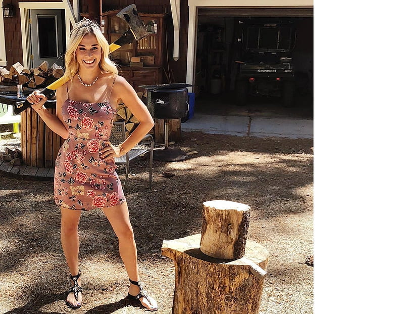 Lauren Elise: Ready to chop up some logs?, sandles, bracelet, purple patterned short dress, necklace, blonde, outdoors, wood, axe, HD wallpaper