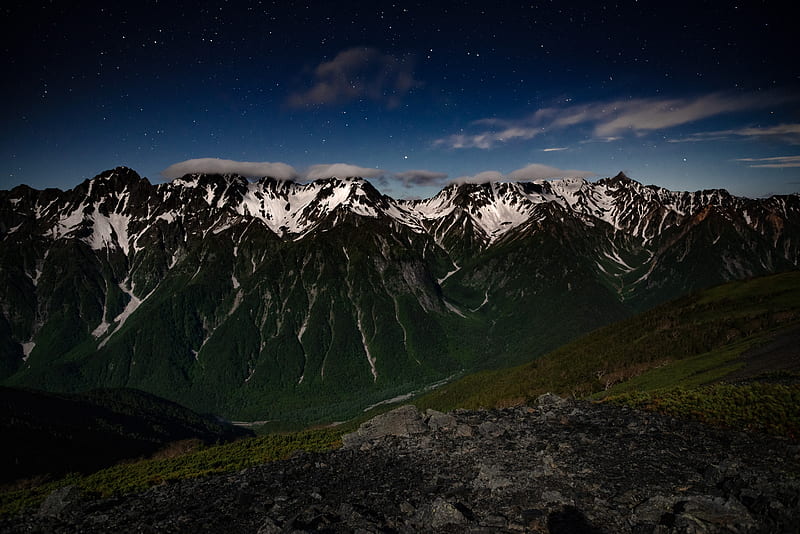 mountains, night, landscape, peaks, starry sky, HD wallpaper