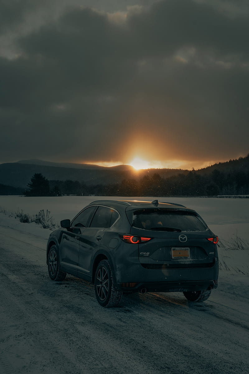 mazda cx-5, mazda, car, suv, gray, rear view, snow, sunset, HD phone wallpaper