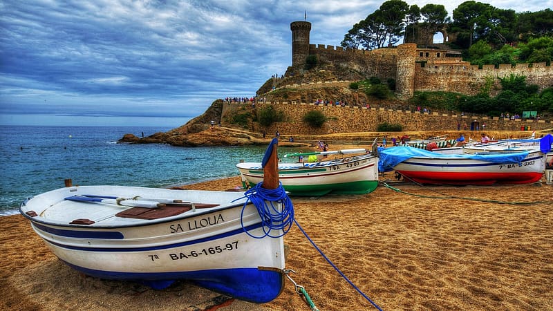 Tossa de Mar, Costa Brava, Spain, boats, coast, sky, castle, clouds, HD wallpaper