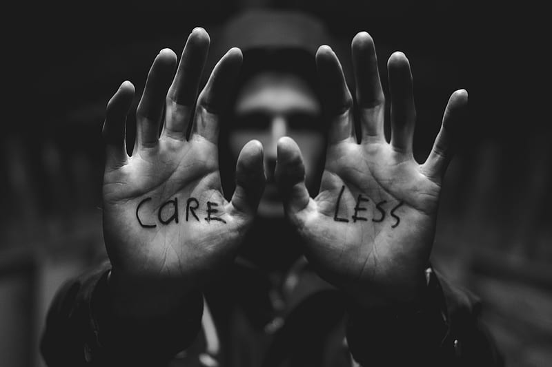 gray scale graphy of man raising both hands with care less text on palm, HD wallpaper