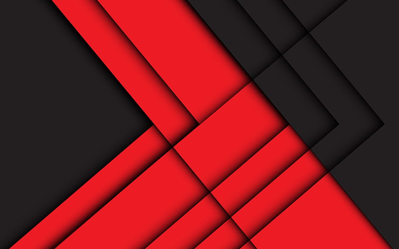 material design, black and red, arrows, geometric shapes, lollipop, triangles, creative, strips, geometry, black backgrounds, HD wallpaper