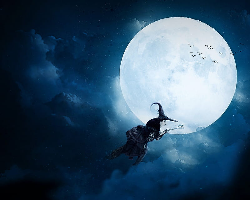 Witch, milos karanovic, sky, white, blue, moon, luminos, halloween, silhouette, up, fantasy, girk, night, HD wallpaper
