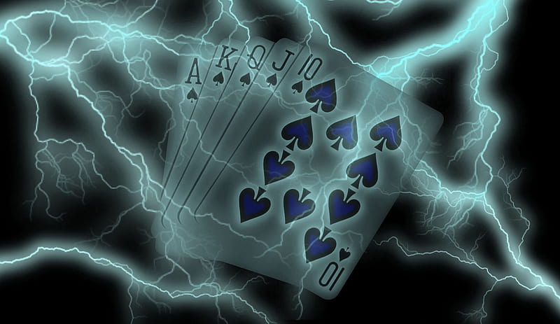 Royal Flush, poker, lightning, blue, HD wallpaper
