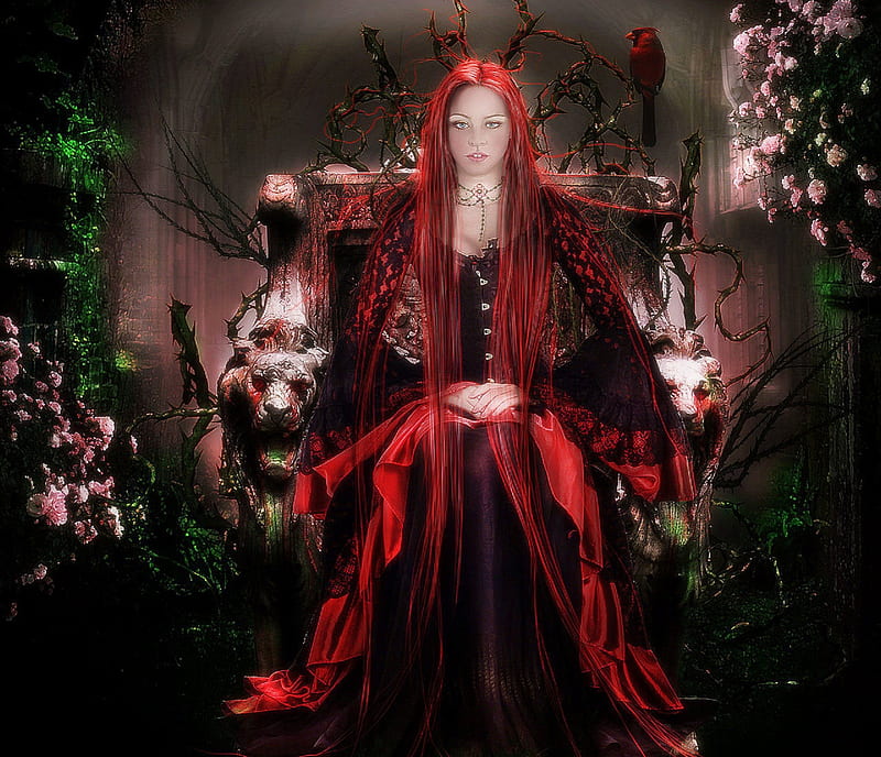 Throne of Blood, dress, tiger heads, ivy leaves, digital art, hair, fantasy, beautiful girls, throne, manipulation, flowers, rosebush, jewels, lighting, model, creative pre-made, roses, bird, weird things people wear, backgrounds, branches, HD wallpaper