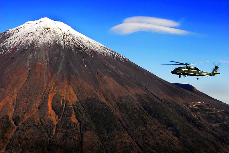 Mt Fuji, mountain, snow, helicopter, landmark, HD wallpaper