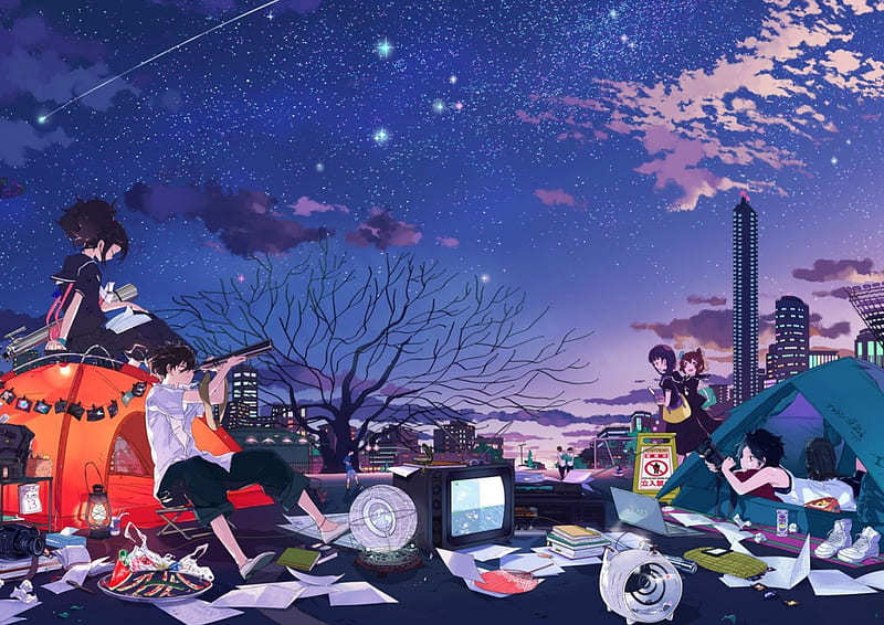 Stargazing, stars, Tent, sky, night, friends, HD wallpaper