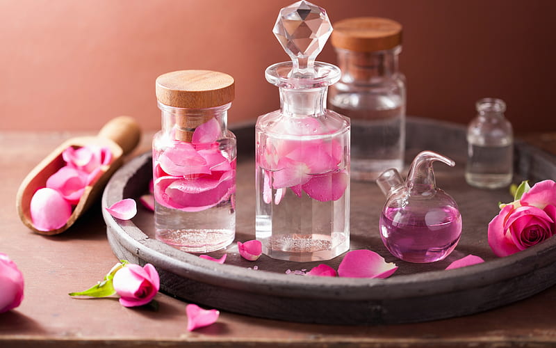 SPA, jar, bottle, glass, rose, petals, HD wallpaper