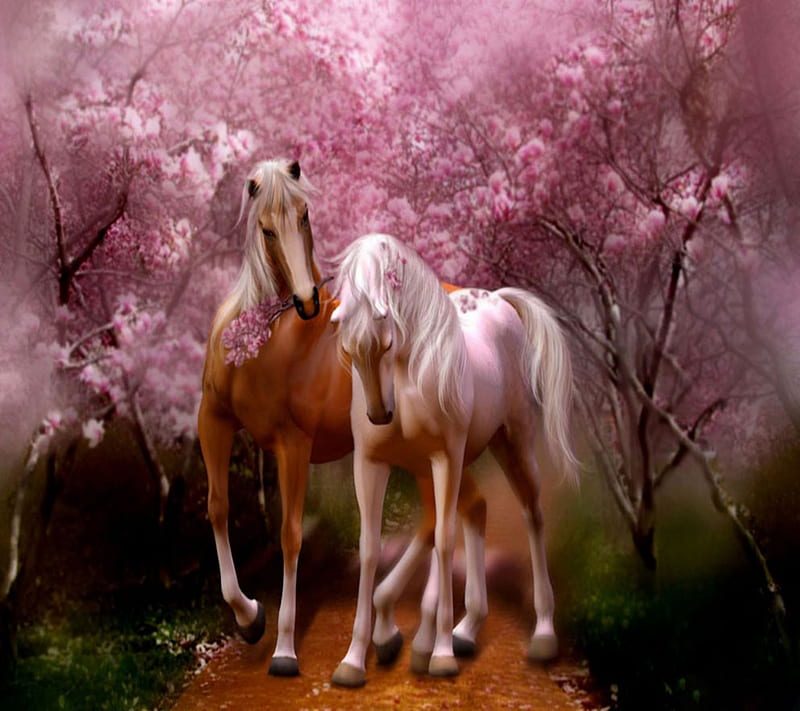 Romantic Horses, animal, bonito, couple, flowers, horse, nature, nice, HD wallpaper