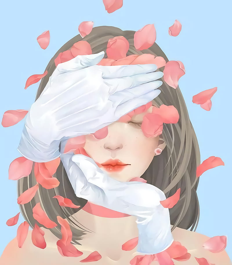 drawing, face, hands, gloves, women, flowers, HD phone wallpaper