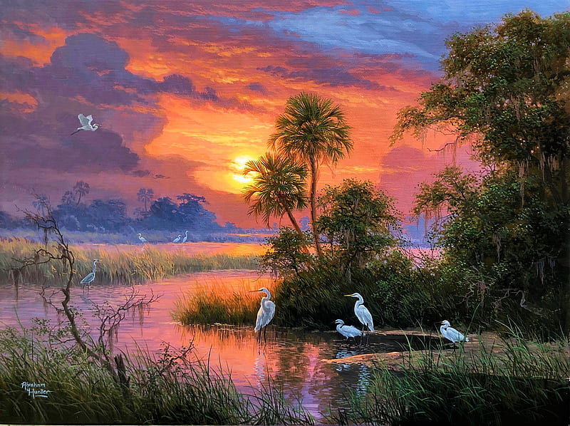 Southern Sunset, birds, clouds, trees, sky, lake, herons, palms, sun, artwork, painting, HD wallpaper