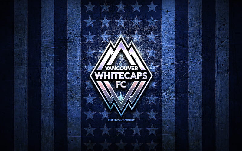 Vancouver Whitecaps flag, MLS, blue metal background, american soccer club, Vancouver Whitecaps logo, USA, soccer, Vancouver Whitecaps FC, golden logo, HD wallpaper