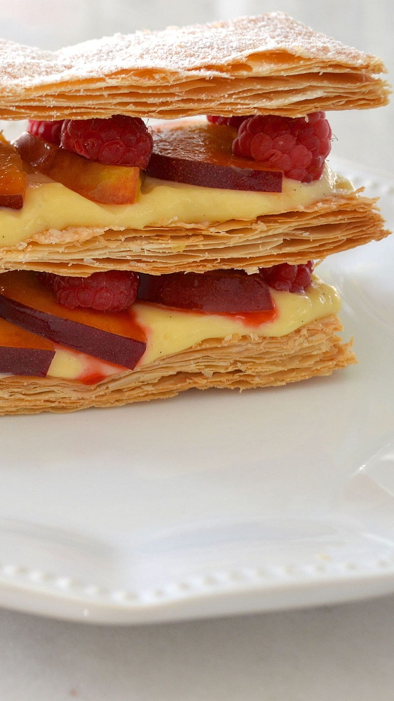 Pastry, sweet nectarine, tart raspberries, HD phone wallpaper