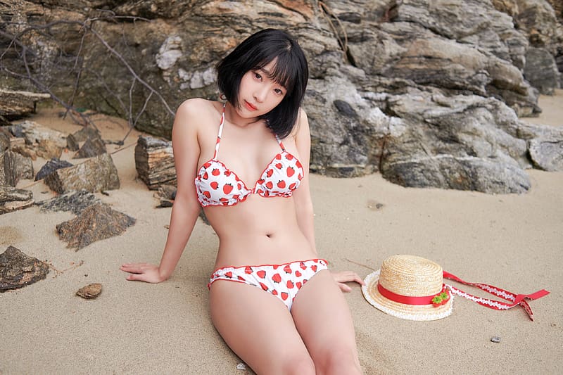 Bikini Model ~ Jiang Ren Qing, bikini, model, asian, brunette, beach, HD wallpaper