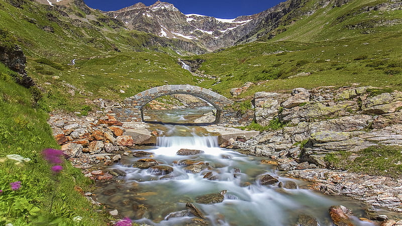 Alps Bridge Italy And Strean Between Mountain Nature, HD wallpaper