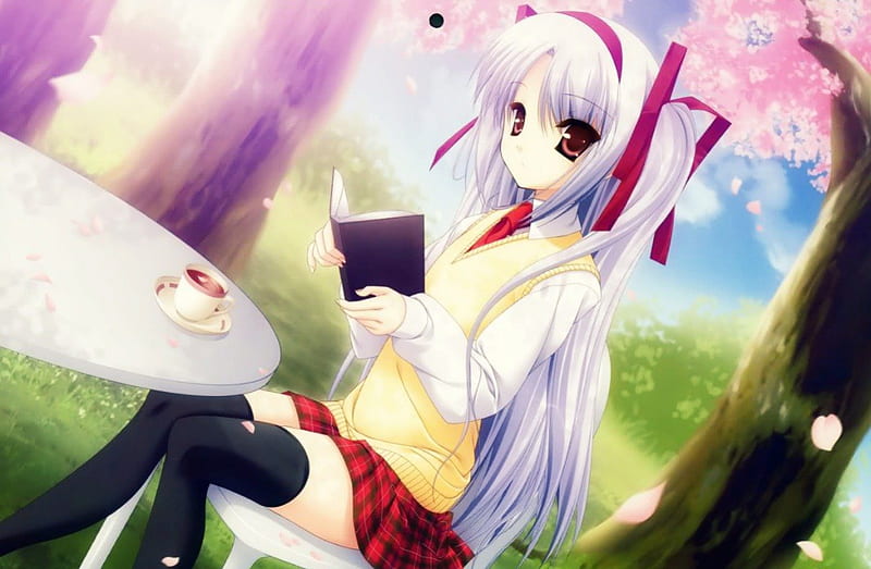 cute girl reading, cute, school, hair, reading, girl, light purple, pastel, HD wallpaper