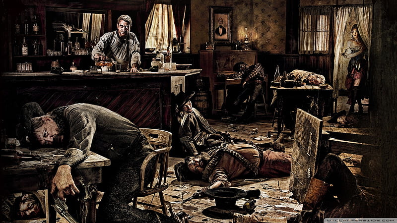 Cowboy Bar Room Brawl, Curtains, Hats, Cowboys, Tables, Bottle, Dead Men, Bar, Whiskey, Guns, Boots Chairs, Slouched, Saloon Girl, Bartender, Mirror, Cards, Paino, Glasses, Red Dress, Tables Turned Over, Lamp, HD wallpaper