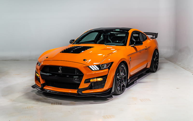 Ford Mustang, Shelby GT500, 2020, orange supercar, front view, tuning, new orange mustang, american sports cars, Ford, HD wallpaper