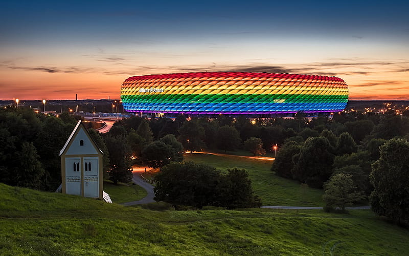 Munich, football stadium, Allianz arena, evening city, Germany, HD wallpaper
