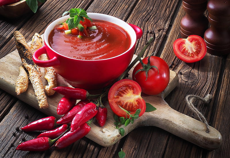 Food, Soup, Bread, Gazpacho, Pepper, Tomato, HD wallpaper