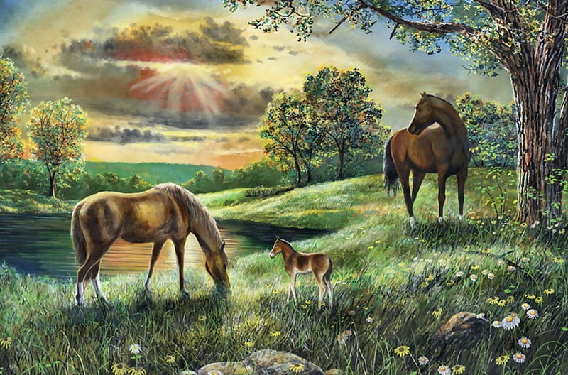 Horse Family F1, art, colt, equine, bonito, foal, horse, artwork, animal, stallion, painting, sire, wide screen, mare, dam, HD wallpaper