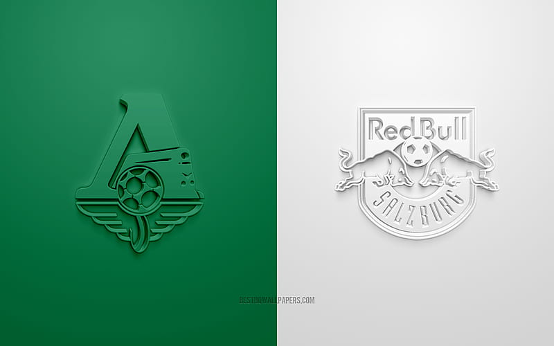 Lokomotiv Moscow vs Red Bull Salzburg, UEFA Champions League, Group А, 3D logos, green white background, Champions League, football match, FC Lokomotiv Moscow, Red Bull Salzburg, HD wallpaper