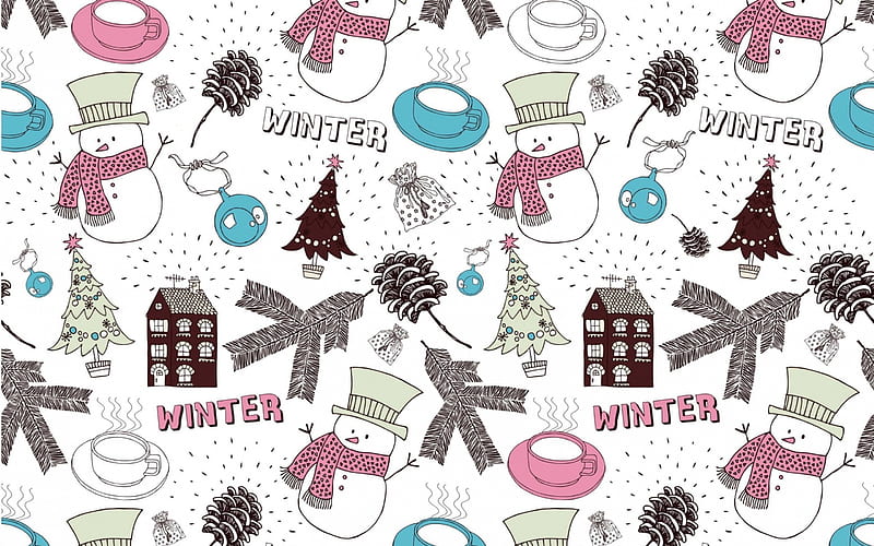 Winter , house, bow, snowman, word, winter, draw, tree texture, white, pink, blue, HD wallpaper