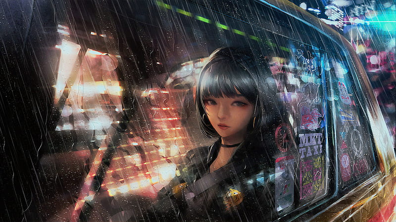 Anime Girl In Taxi Raining , anime-girl, anime, artist, artwork, digital-art, sad, alone, rain, HD wallpaper