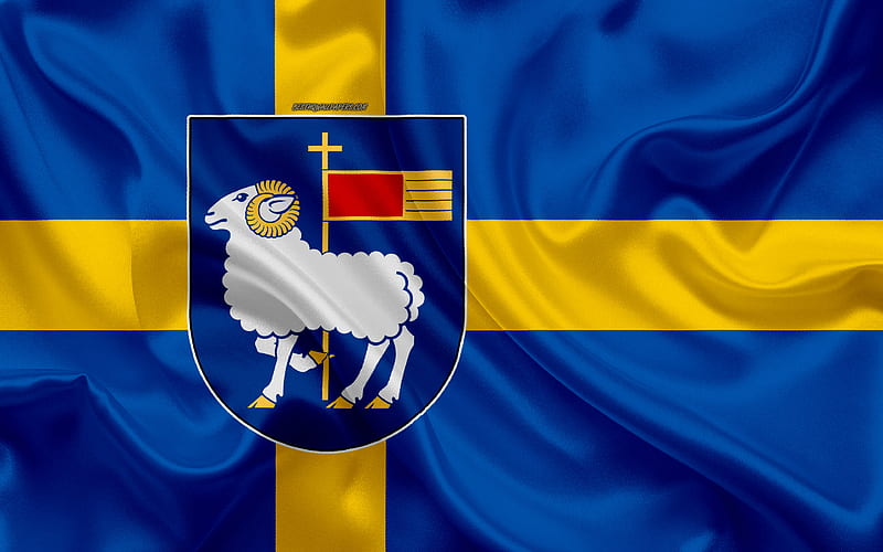 Coat of arms of Gotland lan silk flag, Swedish flag, Gotland County, Sweden, flags from the Swedish province, silk texture, Gotland lan, coat of arms, HD wallpaper