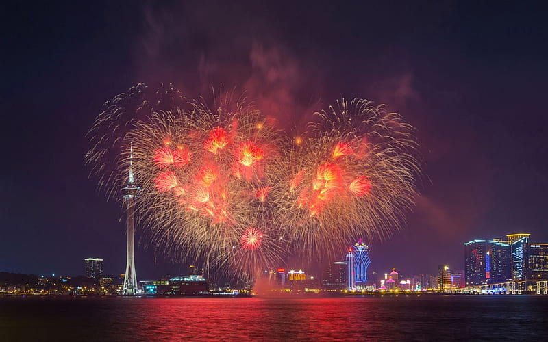 Macau Tower Convention Entertainment Centre, Torre de Macau, Macau, China, fireworks, holiday, evening, HD wallpaper