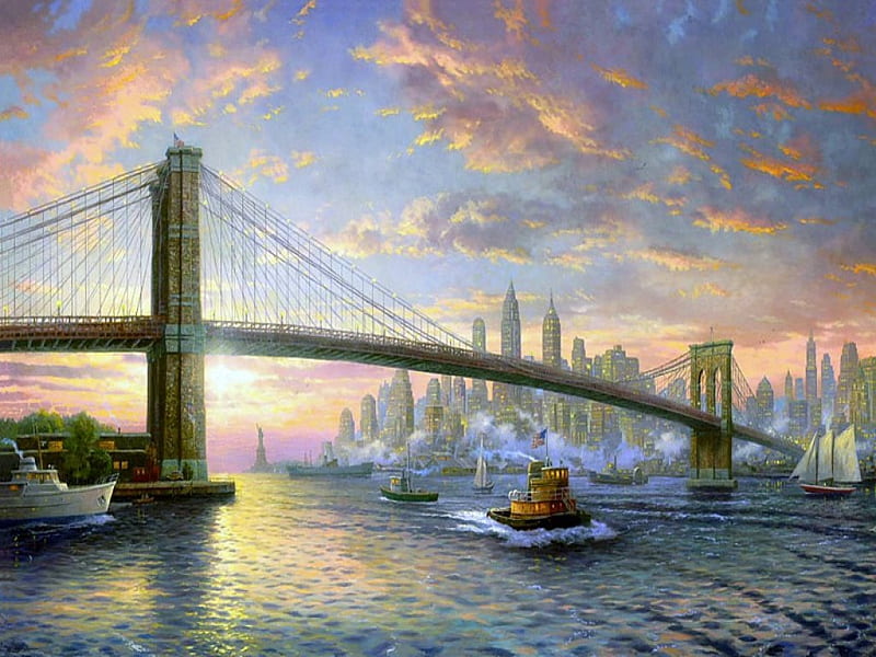 New York , New York, colorful, magic, york, city, water, splendor, ship, usa, bridge, painter, new, color, metropole, HD wallpaper