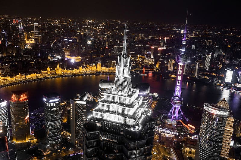 Cities, Night, City, Skyscraper, Light, China, River, Shanghai, , Jin Mao Tower, Oriental Pearl Tower, HD wallpaper
