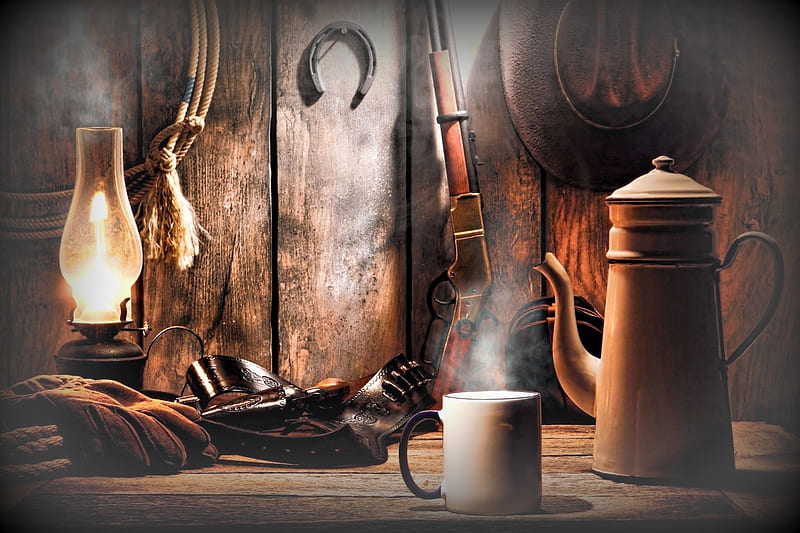 Old West Cowboy, Lasso, Coffe, Western, Gloves, Cowboy, Abstract, graphy, Hat, Lamp, Guns, HD wallpaper