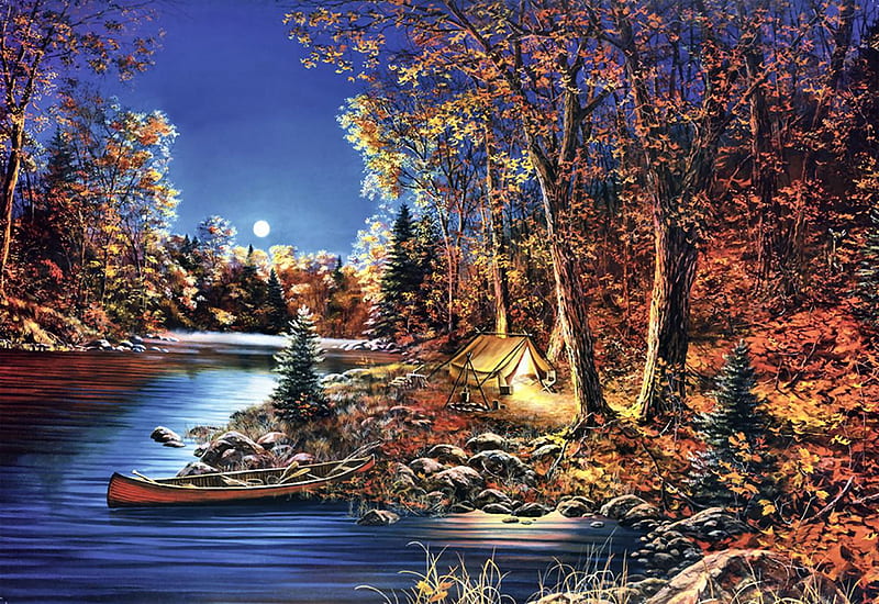 Autumn Lakeside Campsite , art, campsite, bonito, canoe, lake, artwork, water, painting, wide screen, scenery, landscape, night, HD wallpaper