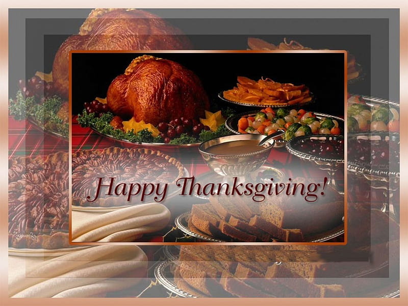 Happy Thanksgiving, table, fall, autumn, gravy, holiday, food, dishes, fruits, bread, plates, thanksgiving, dessert, still life, turkey, pie, vegetables, HD wallpaper