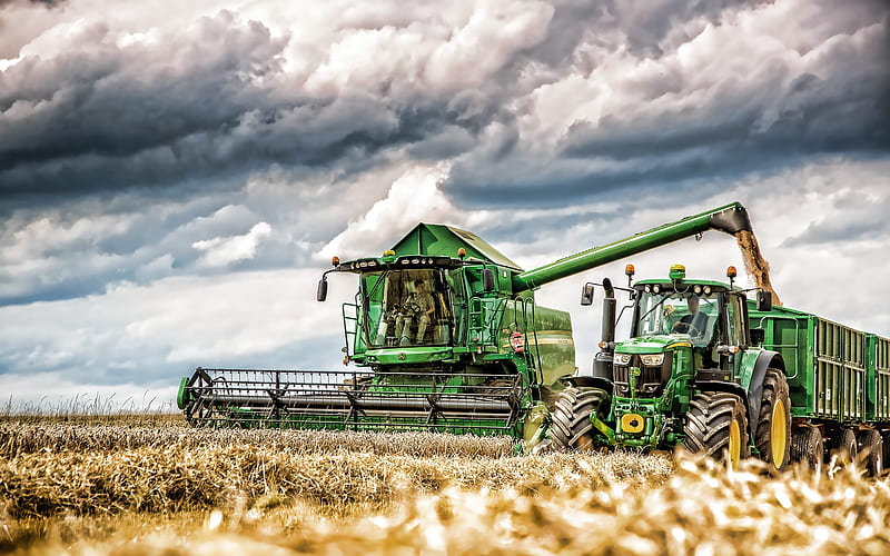 John Deere W550, John Deere 6195M, wheat harvest, grain harvesting, 2019 combines​, agricultural machinery, R, combine harvester, Combine​ with tractor, agriculture, John Deere, HD wallpaper