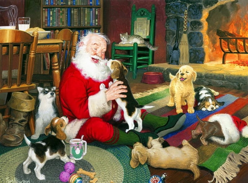 Santa's pals, art, house, holiday, pets, winter, santa, puppies, painting, pals, room, HD wallpaper