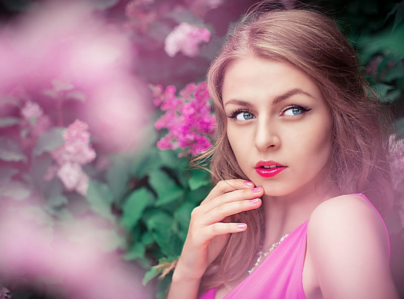 Karina, lilac, girl, model, bonito, portrait, lips, pink, HD wallpaper