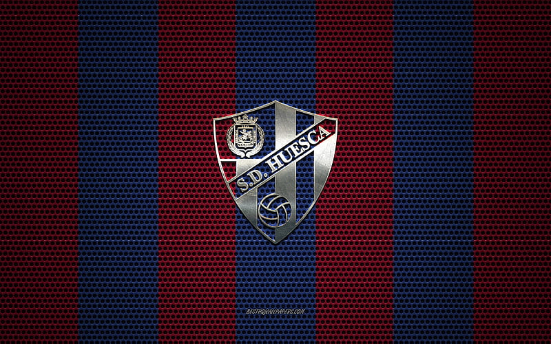 SD Huesca logo, Spanish football club, metal emblem, blue-burgundy metal mesh background, SD Huesca, Aragon, Spain, football, Sociedad Deportiva Huesca, HD wallpaper