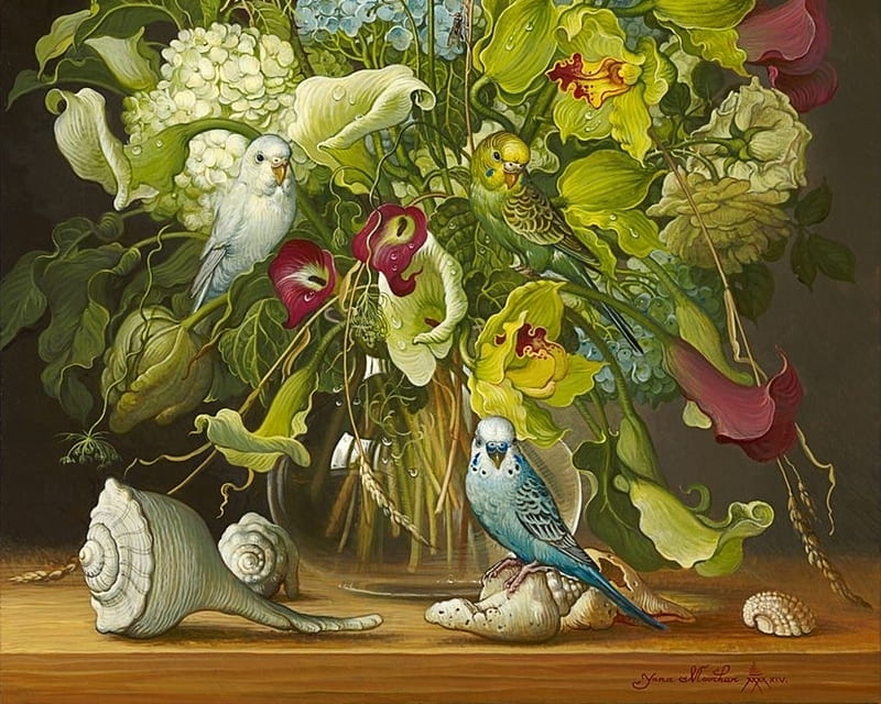 Flowers and seashells, seashell, yana movchan, bird, pasari, flower, vase, parrot, art, painting, pictura, HD wallpaper