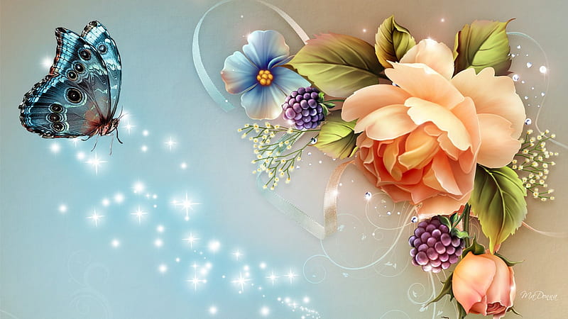 Another Beautiful Day, raspberries, flowers, glow, rose, shine, pansy, ribbons, peony, sparkle, leaves, pansies, flowers, stars, spring, buds, summer, blackberries, HD wallpaper
