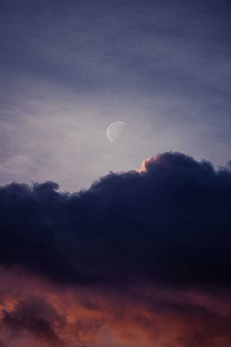 moon, clouds, evening, sky, fullmoon, HD phone wallpaper