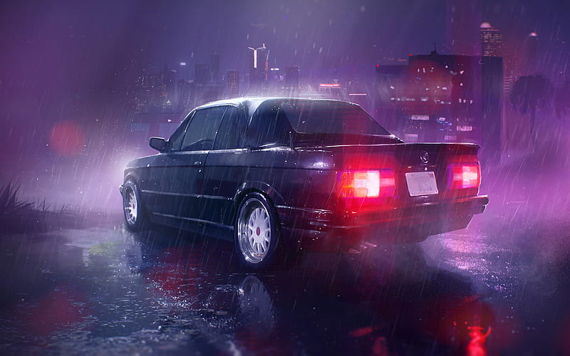 BMW M3, E30, rain, night, black M3, german cars, BMW, HD wallpaper