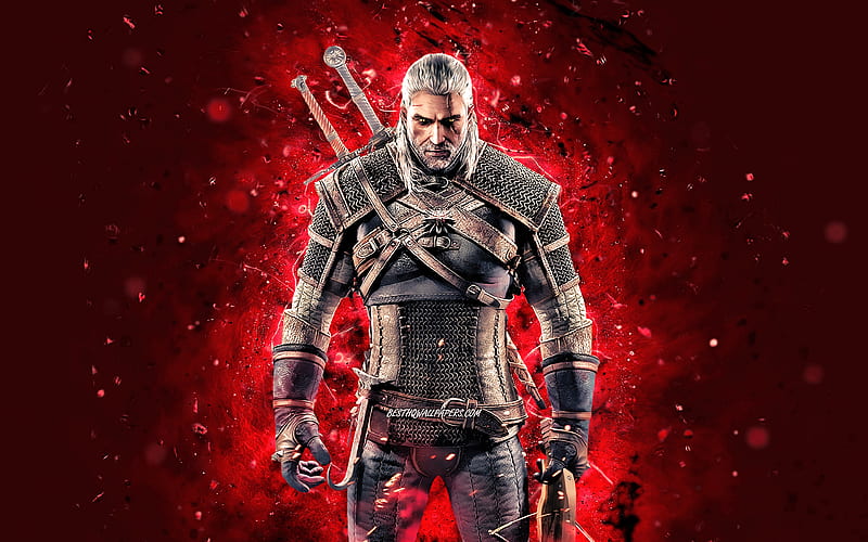 Geralt z Rivii red neon lights, The Witcher, artwork, Witcher 3 Wild Hunt, The Witcher characters, Geralt z Rivii The Witcher, HD wallpaper