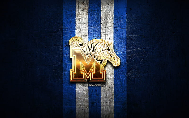 Memphis Tigers, golden logo, NCAA, blue metal background, american football club, Memphis Tigers logo, american football, USA, HD wallpaper