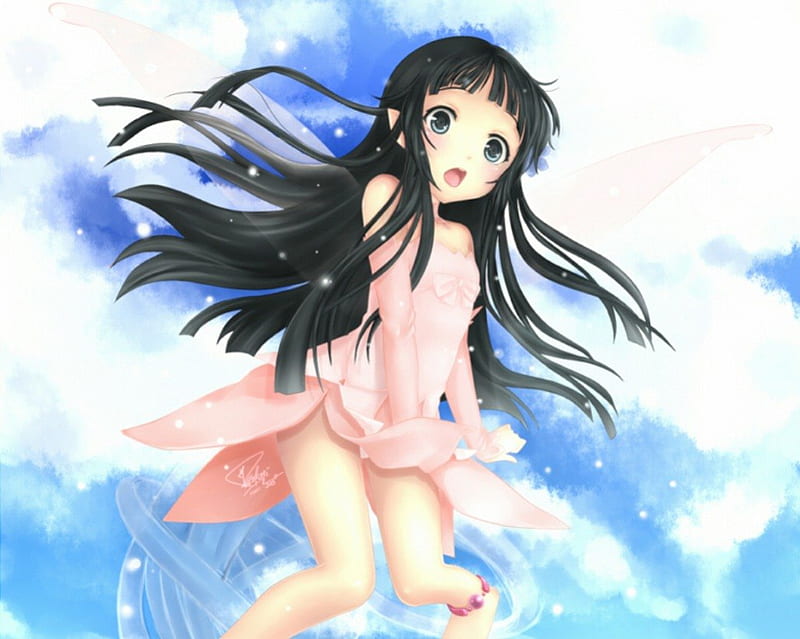 Anime,girl,wings,fly,black hair,smile,sky