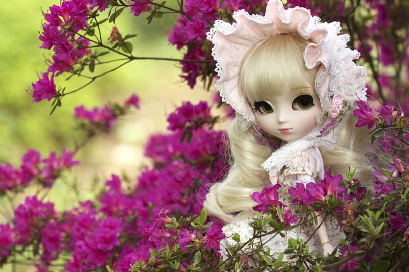 Doll and Flowers, toy, purple, bush, Bougainville, HD wallpaper