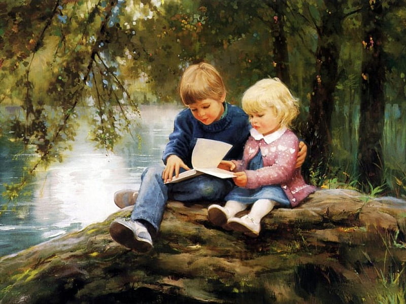 SHARING FAIRYTALES, forest, art, riverbank, brother, rock, fairytales, painting, sister, sharing, HD wallpaper