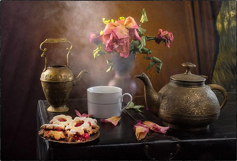 Time for tea, vase, old, tea, still life, fallen, graphy, pink, porcelain, vintage, vessels, roses, abstract, dried, cookies, cup, petals, kettle, HD wallpaper